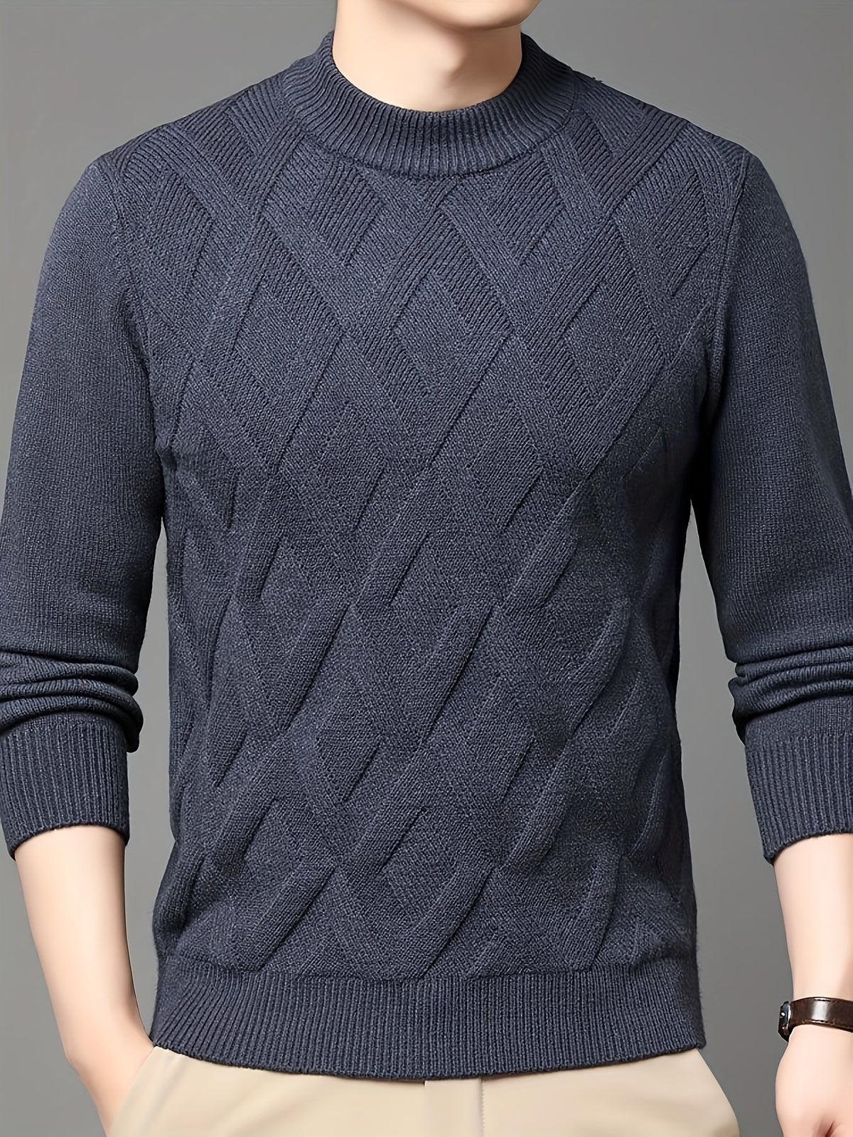 Kessoro men's textured mock-neck knit sweater in deep blue-grey winter tones