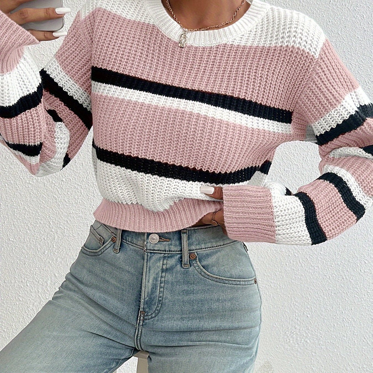 Kessoro women's colorblock striped cropped sweater in sky blue and pink, women's knitwear — view 6 of 6