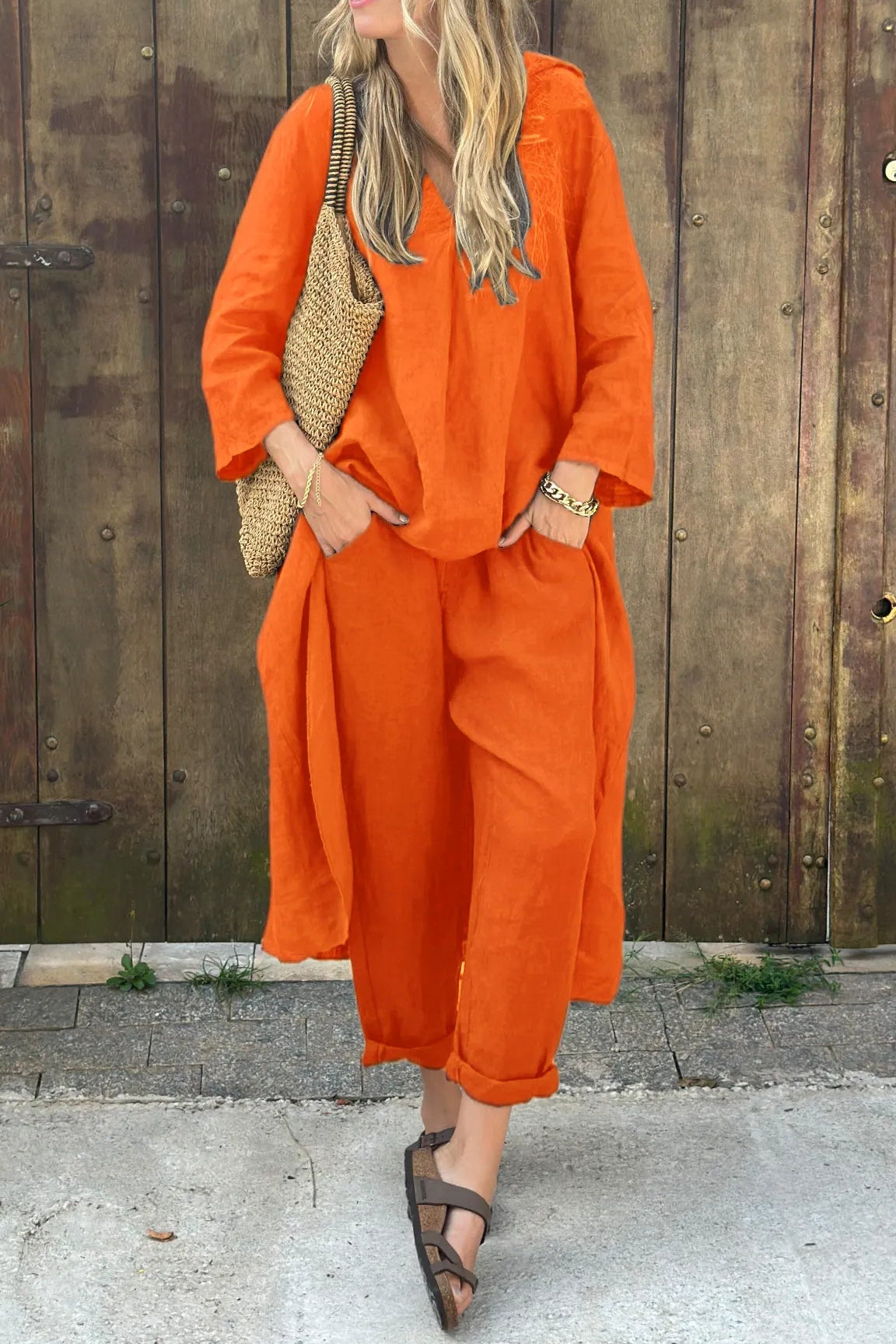 Kessoro women's loose v-neck two-piece set in navy blue, sky blue, white and orange