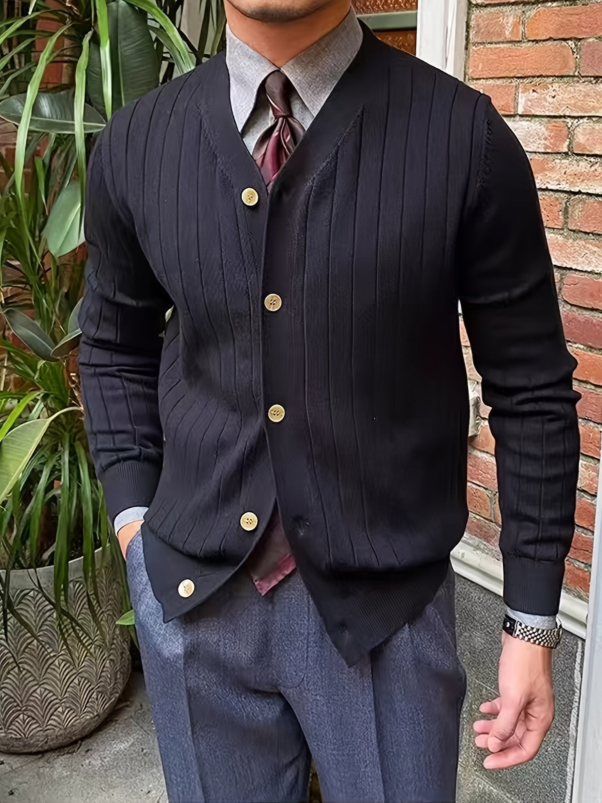 Kessoro Men's Ribbed Button-Up Knit Cardigan in white, sky blue and black, image 18 of 18.