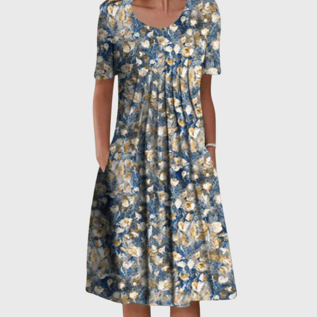 Kessoro women's round neck floral print layered dress in red flowers, yellow flowers, light blue and blue