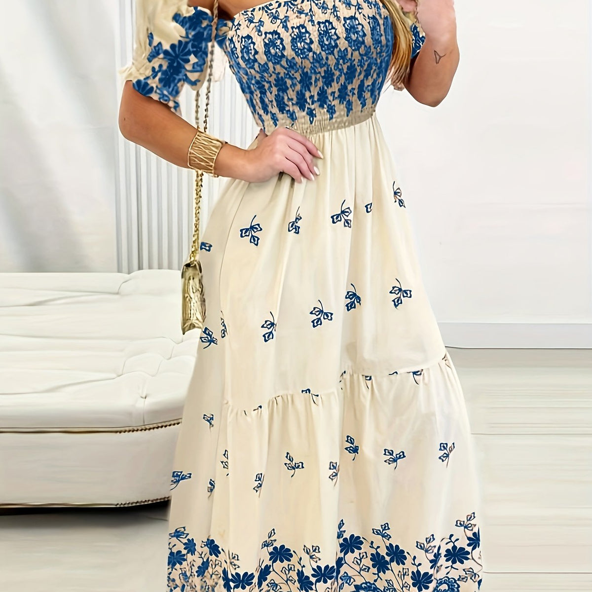 Women's off-the-shoulder smocked floral maxi dress in a multicolour print