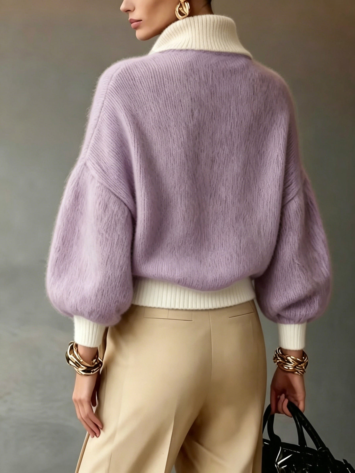 Women's relaxed half-zip ribbed sweater in khaki and lavender, colour option 1 close-up view