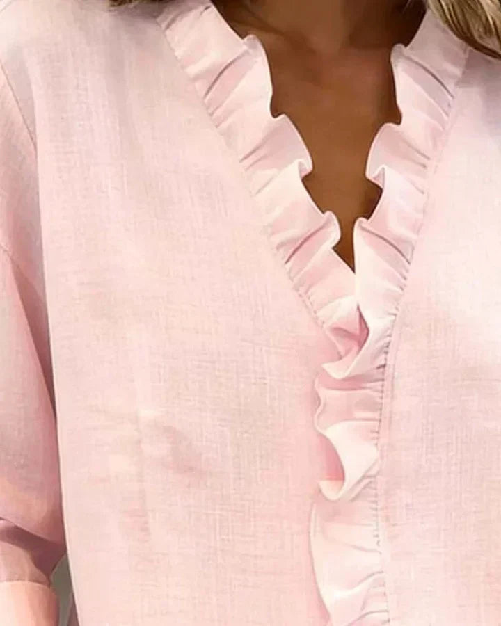 Kessoro women's V-neck ruffle long-sleeve blouse in pink, white, green, blue, black, orange, yellow and purple