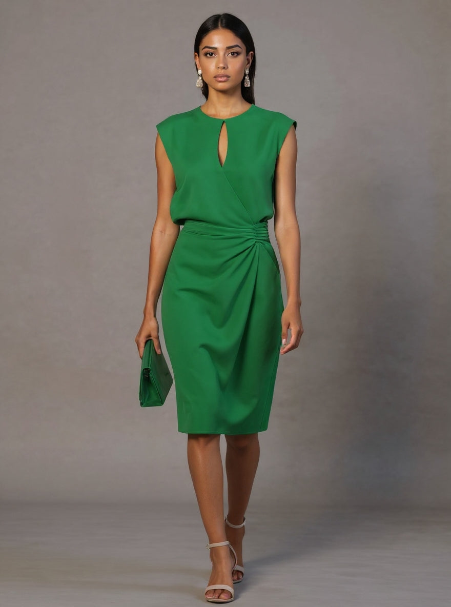 Women's cap sleeve occasion dress with a round neck and back zip in sky blue, white, black, red and green