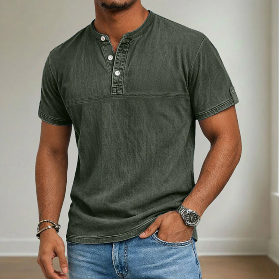 Men's stand collar short sleeve casual shirt in solid neutral and blue tones