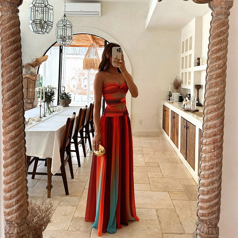 Women's strapless A-line flowy maxi dress in a multicolour print