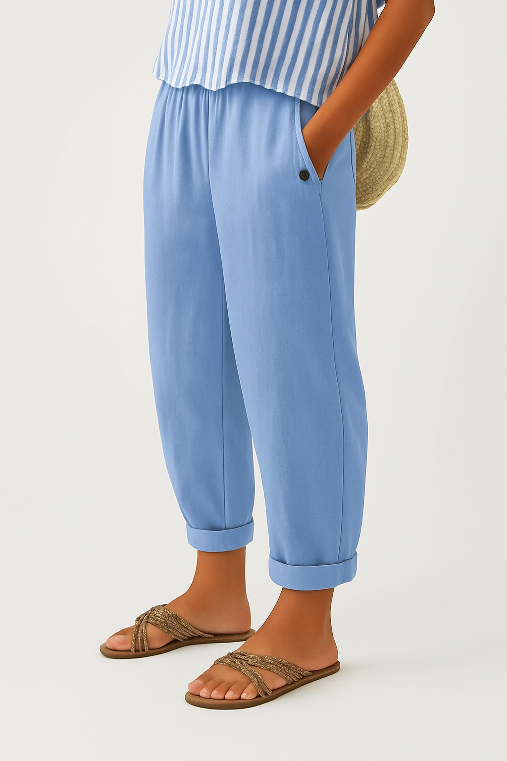 Kessoro women's straight-leg elastic waist cotton trousers in neutral and blue colourways