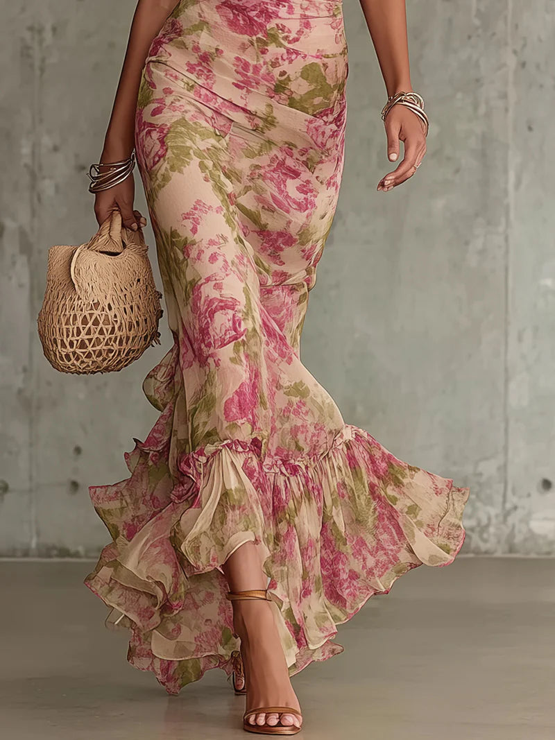 Kessoro women's vintage puff sleeve chiffon maxi dress in pink