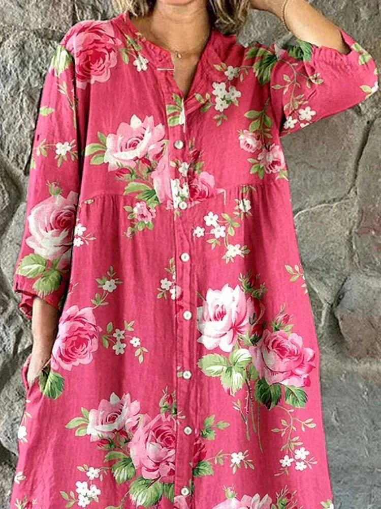 Women's oversized art floral V-neck dress in soft pink rose tones