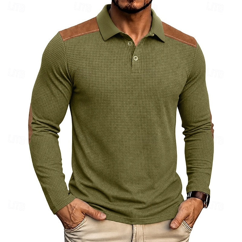 Kessoro men's textured colour-block long-sleeve polo shirt in blue, green, grey and burgundy tones, view 14