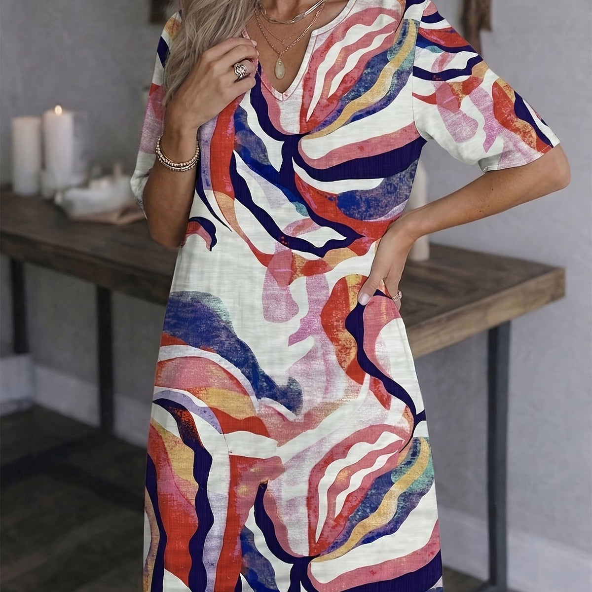 Women's artful print V-neck shift dress in a bright summer colourway