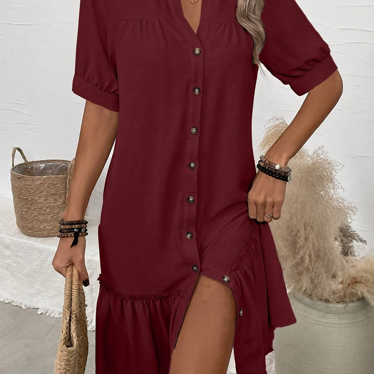 Women's button-front boho midi dress with pleated hem and rolled half sleeves