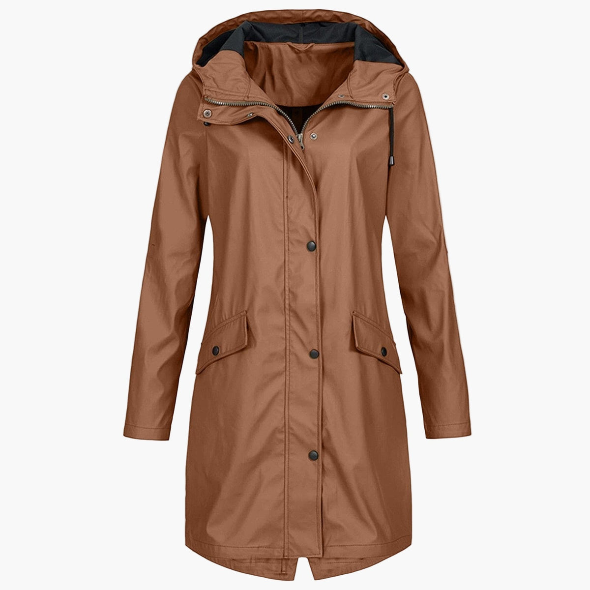 Women's long hooded waterproof raincoat in a versatile neutral colour family (view 7)