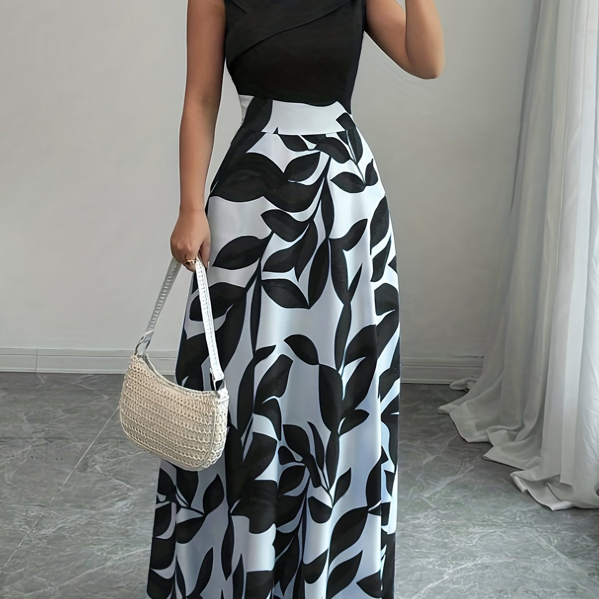 Women's leaf-print wrap-neck A-line maxi dress in a deep natural colourway
