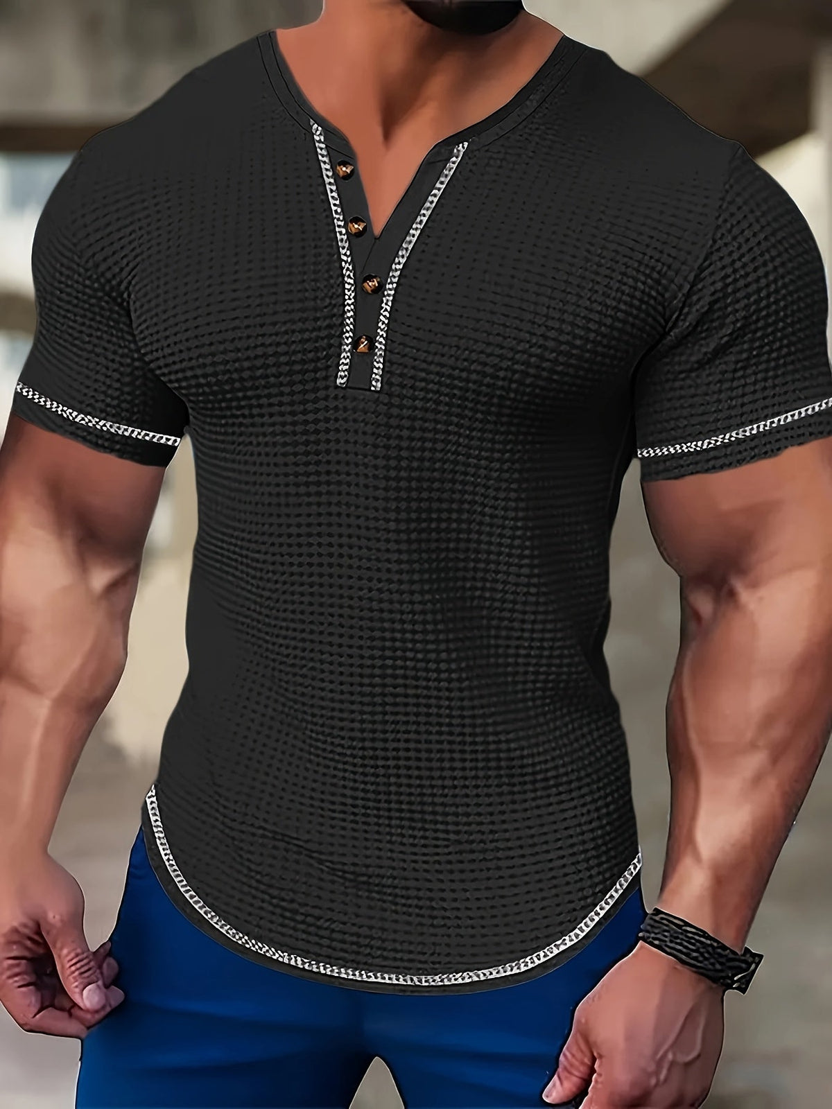 Kessoro men's textured waffle short-sleeve henley shirt in pink, khaki, light blue, navy and black, men's tops — view 6 of 6