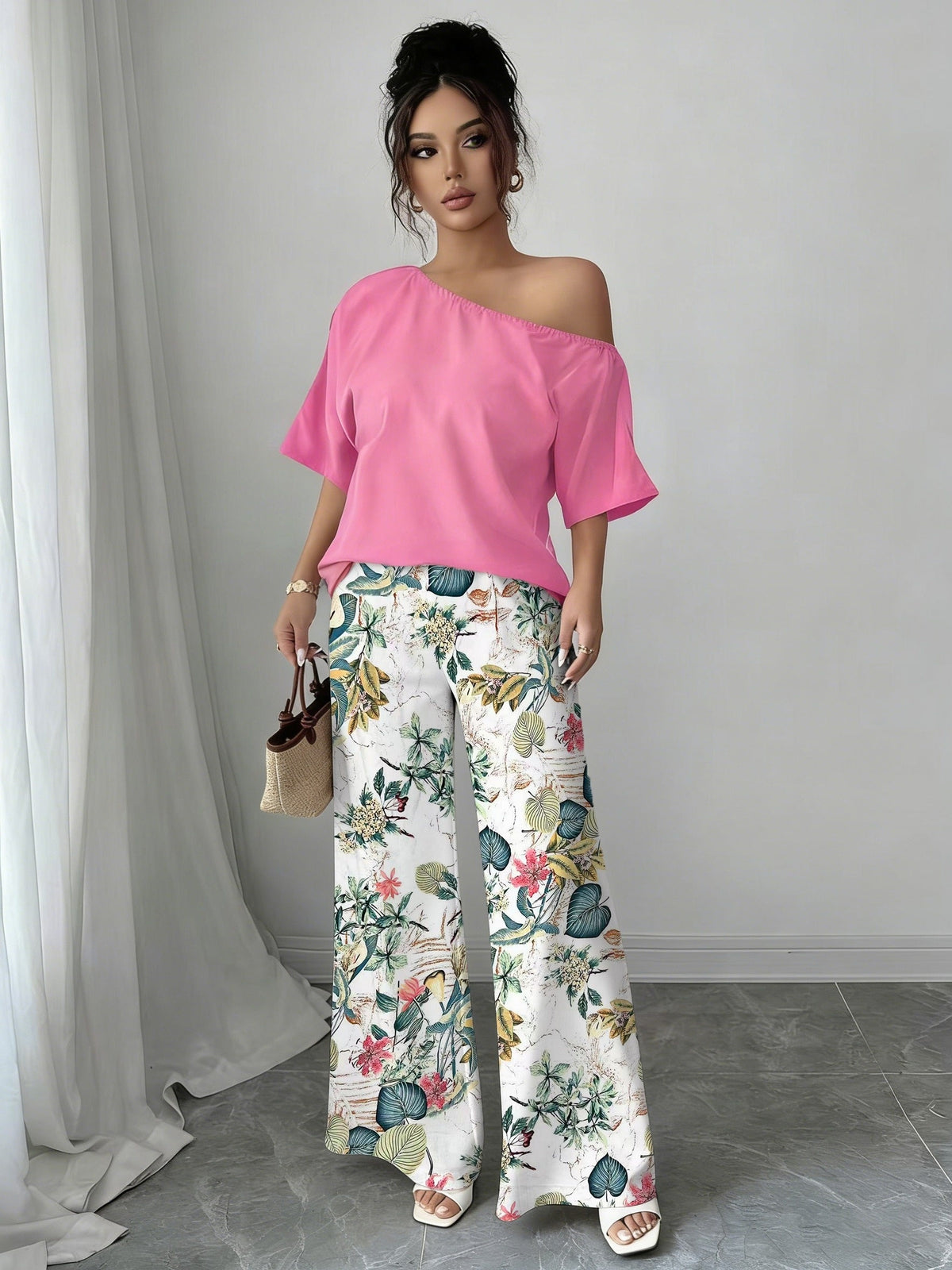 Kessoro women's off-shoulder wide-leg two-piece set in blue and pink, view 8