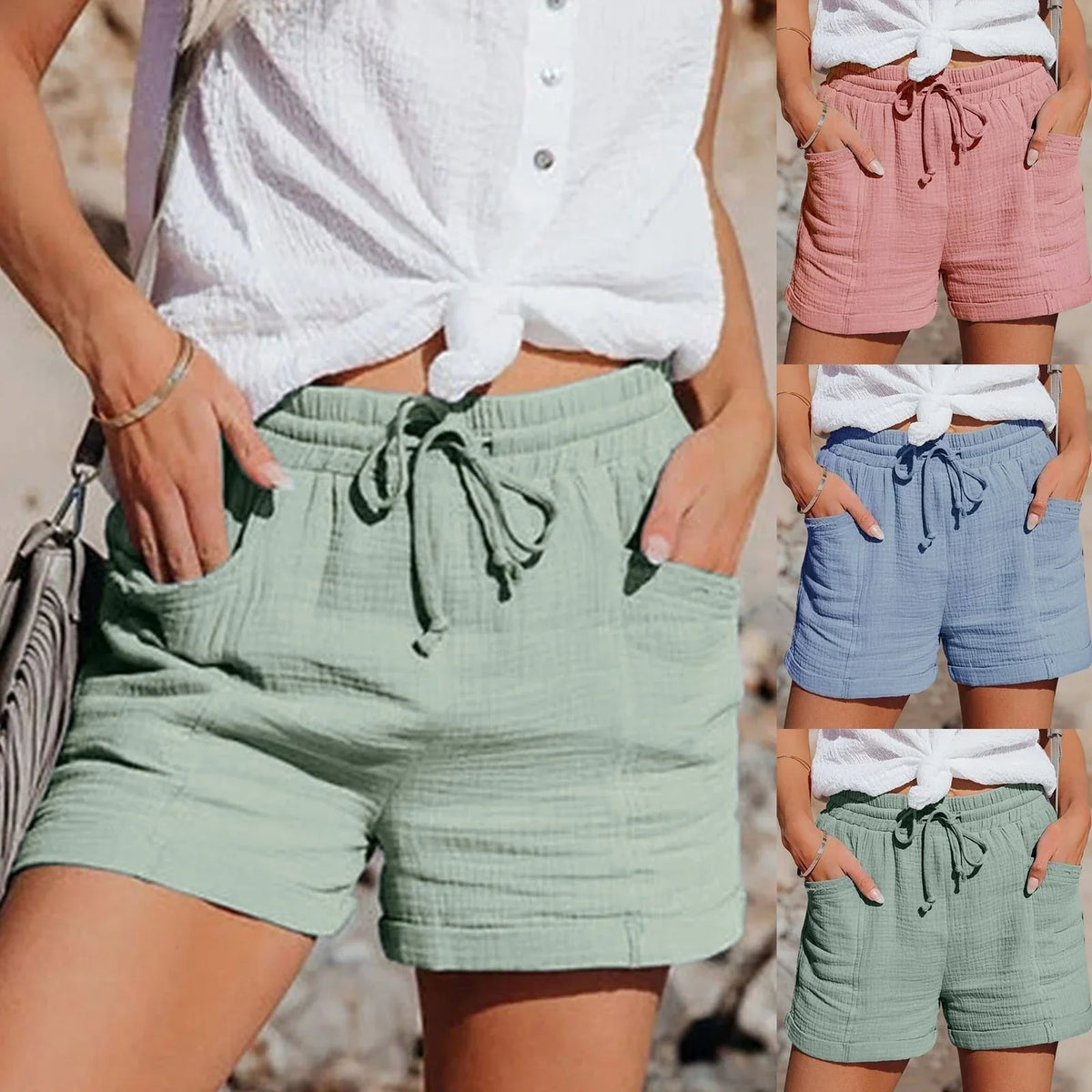 Kessoro women's lightweight drawstring waist lace shorts in blue, black, lilac, green and pink