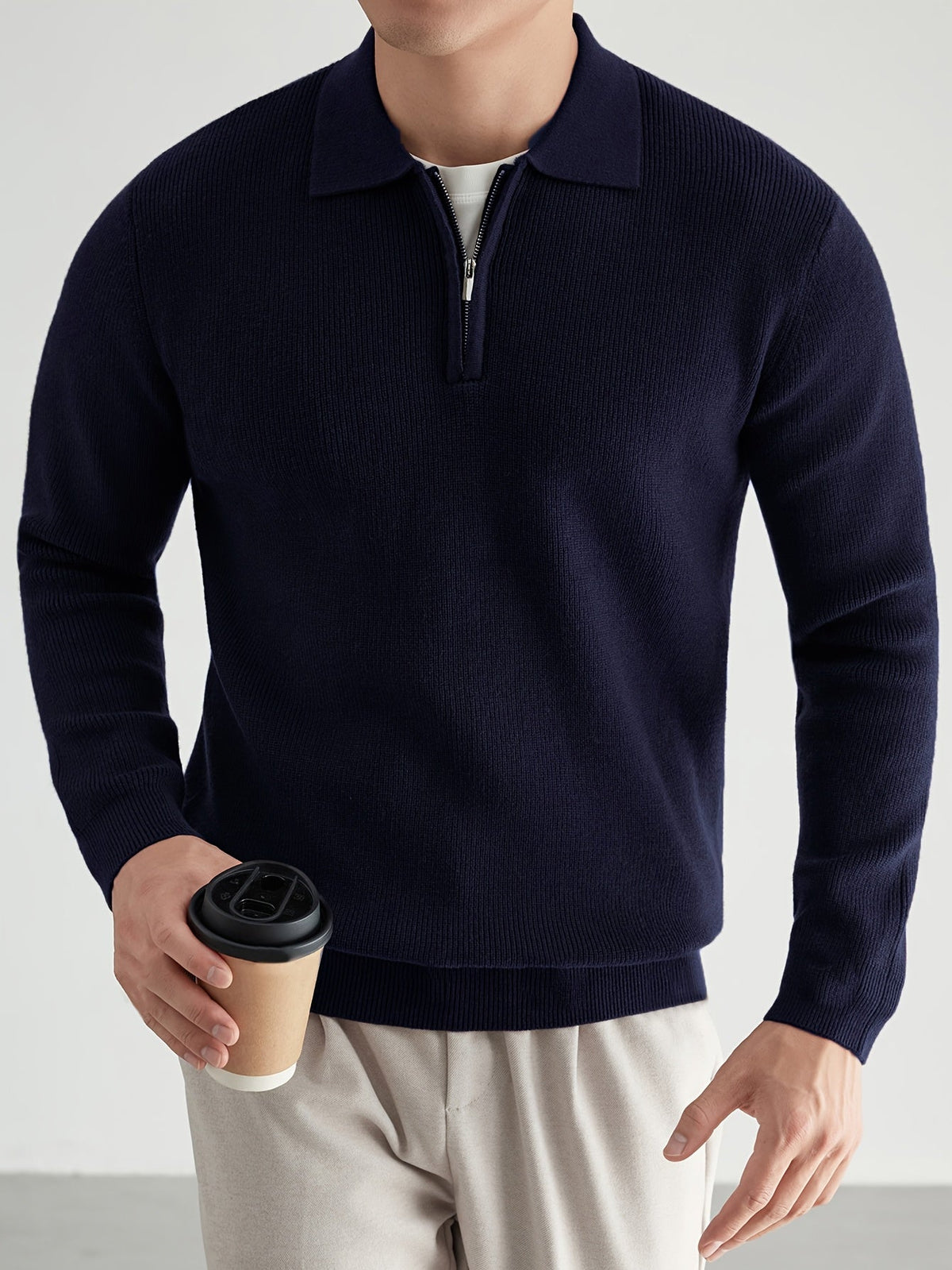 Kessoro men's refined quarter-zip collared polo sweater in smart muted colourways
