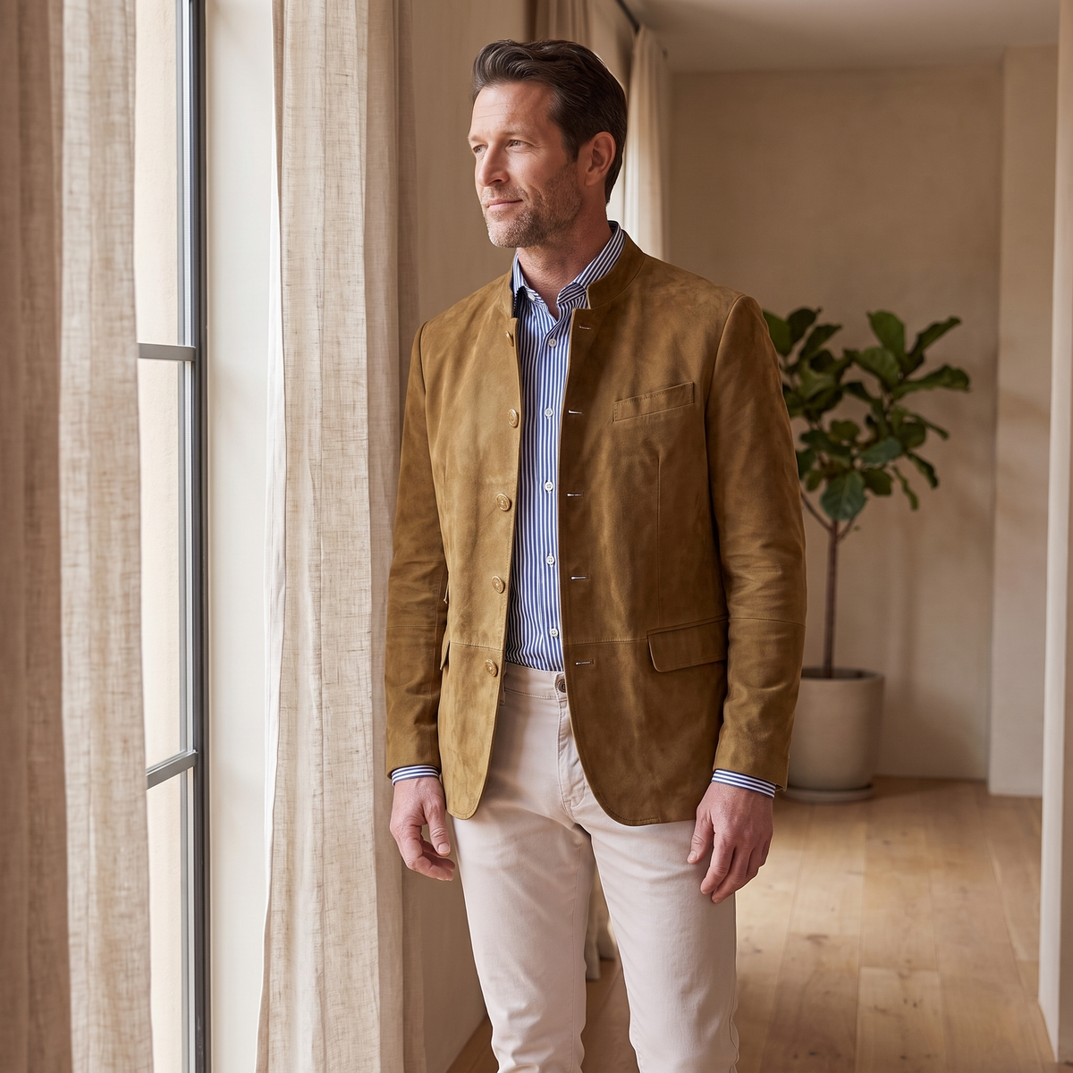 Kessoro Carver suede blazer, at home in natural light