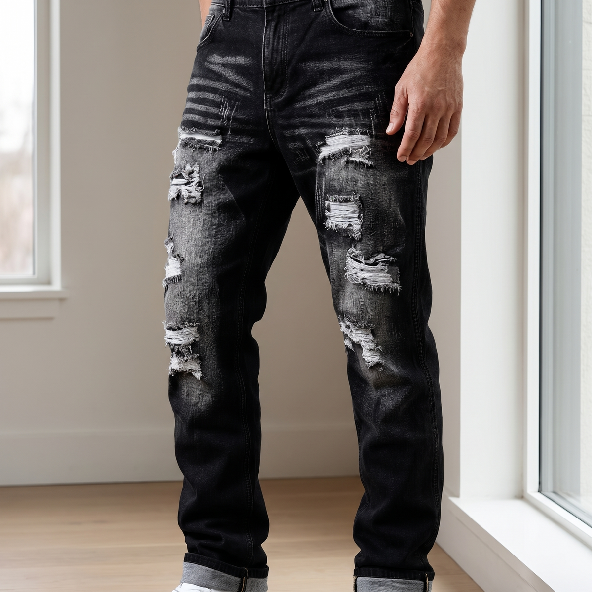 Kessoro Harlan distressed straight-leg jeans, at home in natural light
