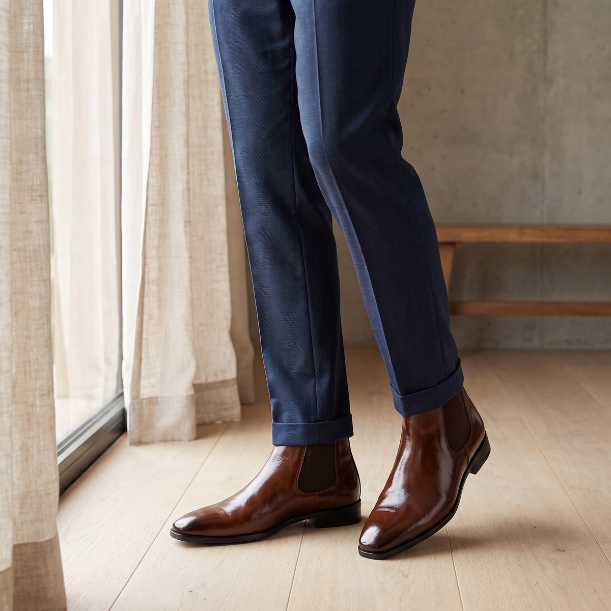 Kessoro Beckett polished Chelsea boots, at home in natural light