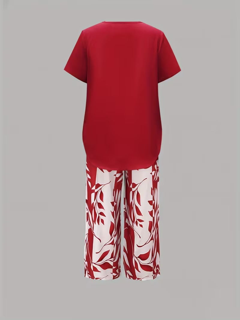Kessoro women's leaf print top and trouser two-piece set in green, purple, red and sky blue