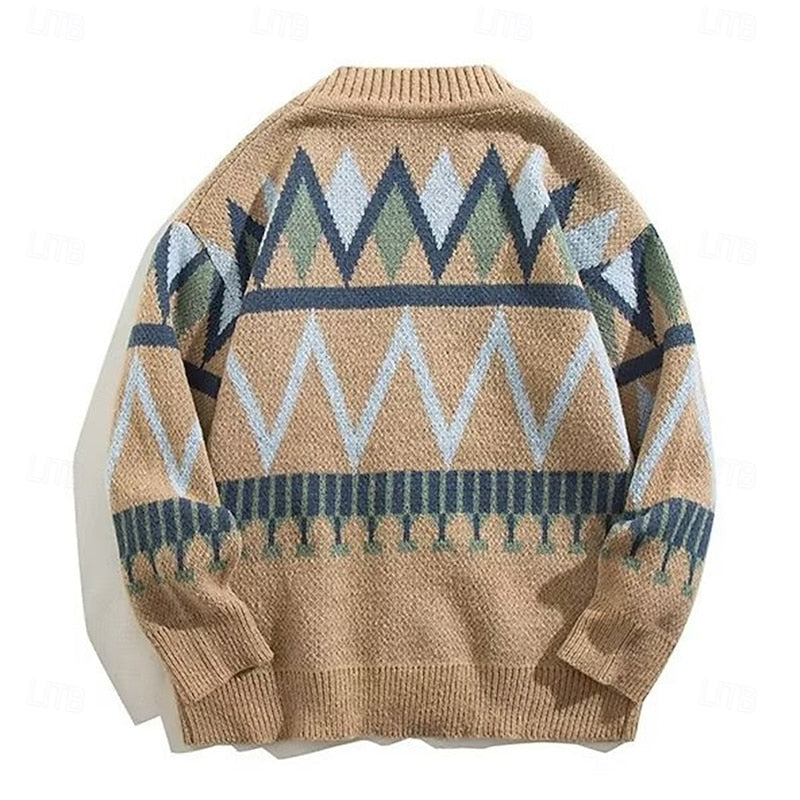 Kessoro geometric pattern V-neck button cardigan for men in Khaki, view 8