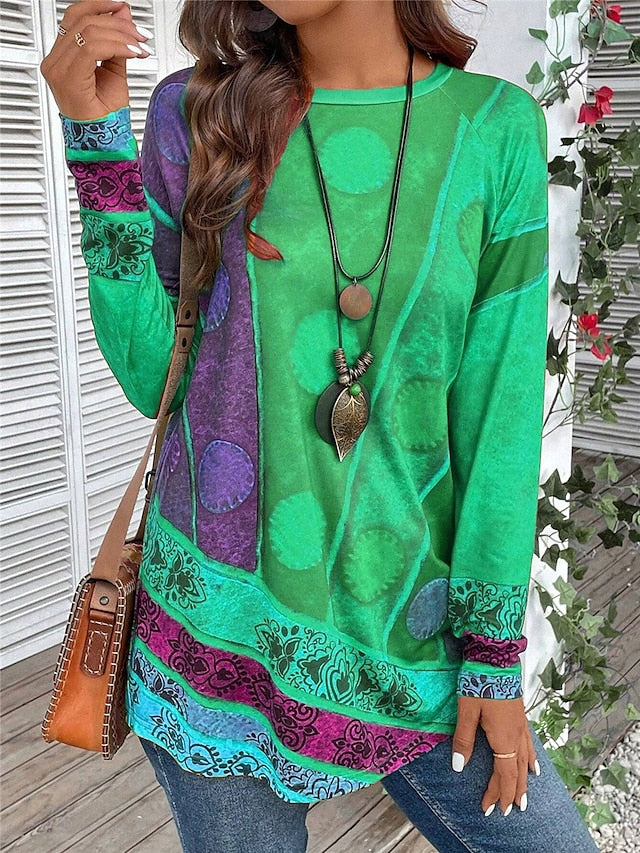 Kessoro Women's vintage print long-sleeve crew neck tunic top in red, purple and green, view 3