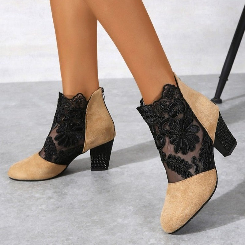Kessoro women's floral lace block-heel ankle boots in wine, black and yellow