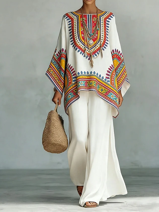 Kessoro Women's bohemian print top and wide-leg trousers two-piece set in camel and red, view 1