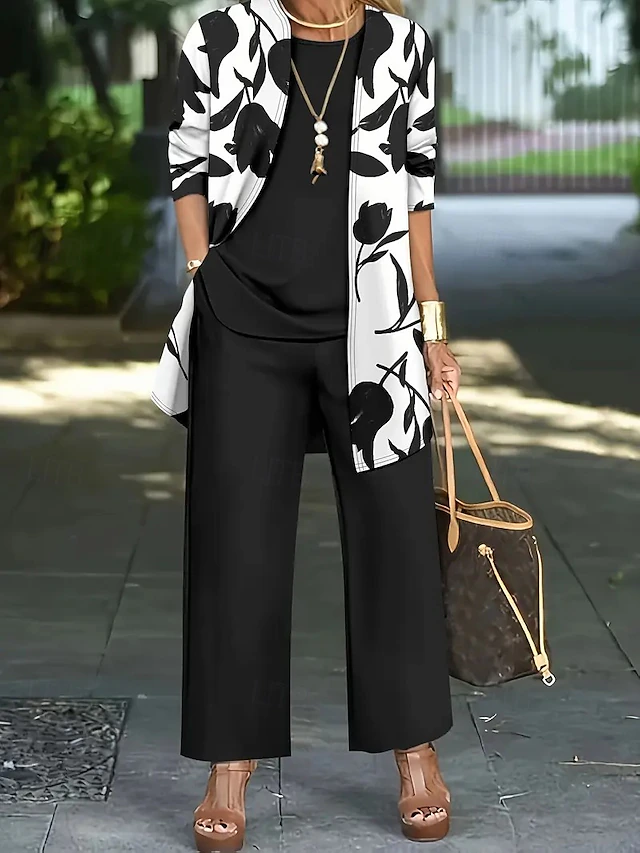 Kessoro Women's floral open layer, top and wide-leg trousers three-piece set in blue, black, green and more, view 3