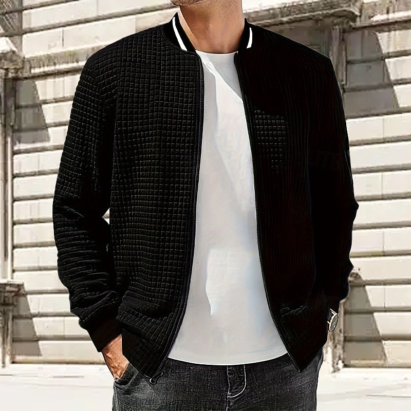 Kessoro Men's Textured Bomber Jacket in white, navy blue and black, image 3 of 3.