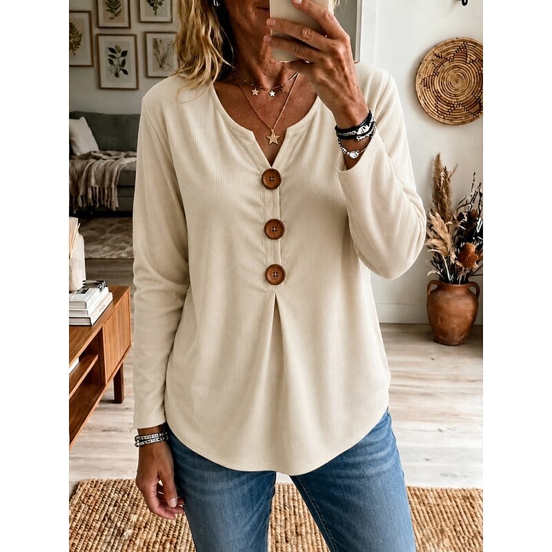 Women's ribbed buttoned V-neck top in blue, green, pink, black and white, styled view