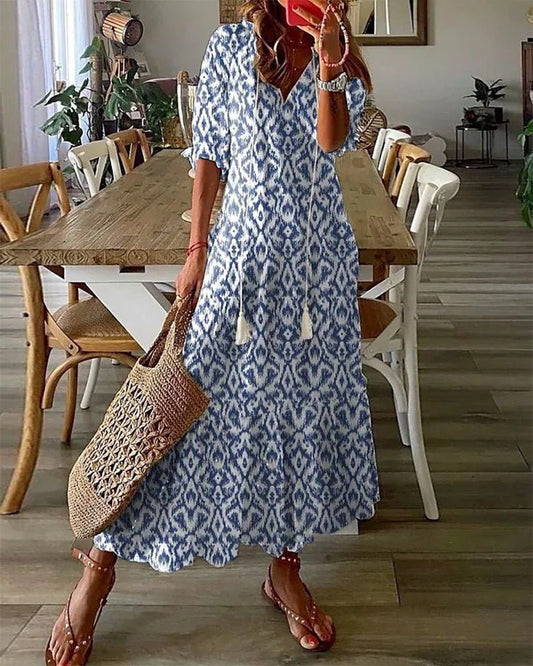 Women's boho lantern sleeve V-neck A-line dress with a geometric print