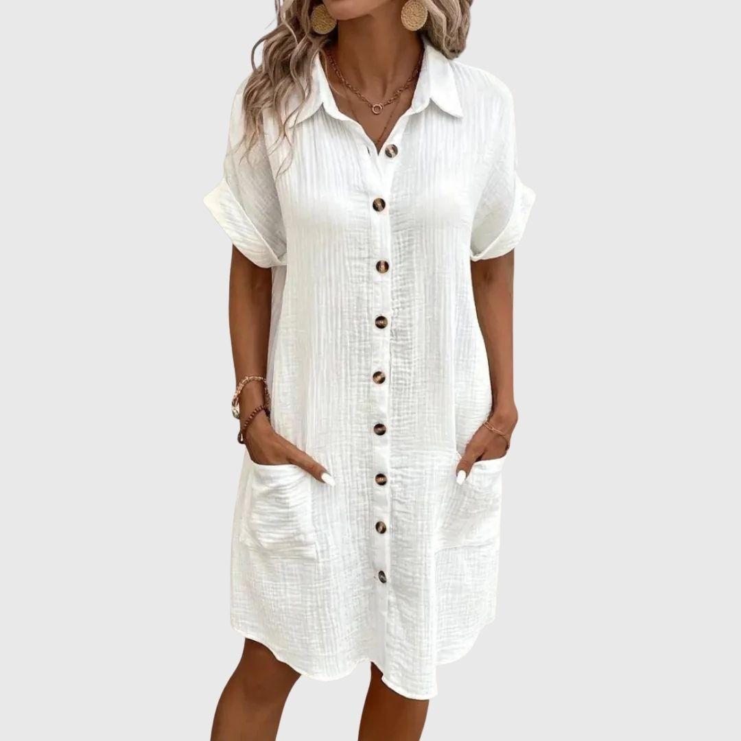Women's V-neck button detail shirt dress in six colourways, shown for womenswear styling