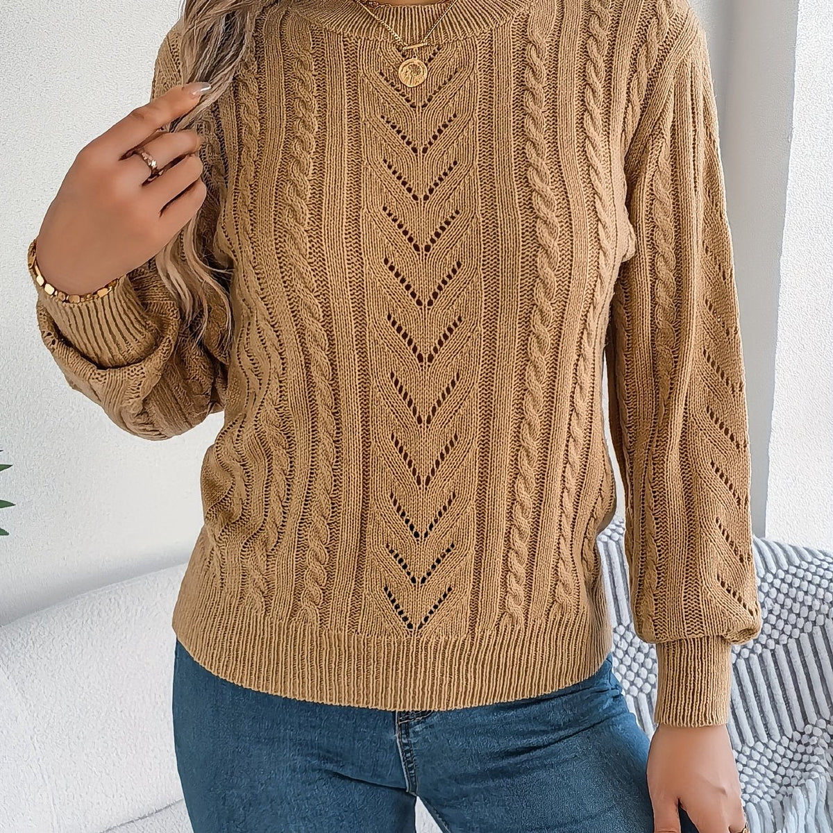 Kessoro Women's Cable-Knit Round Neck Sweater in khaki, grey and orange-red - women's apparel, view 1 of 21