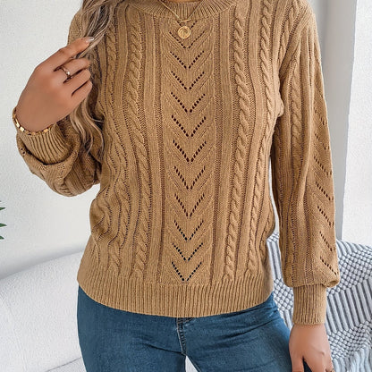 Kessoro Women's Cable-Knit Round Neck Sweater in khaki, grey and orange-red - women's apparel, view 1 of 21
