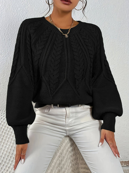 Kessoro women's relaxed cable-knit lantern-sleeve sweater in matcha, beige, burgundy, navy and camel
