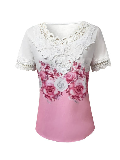 Kessoro women's lace-trimmed floral print top in light green, purple, tan and pink – view 5