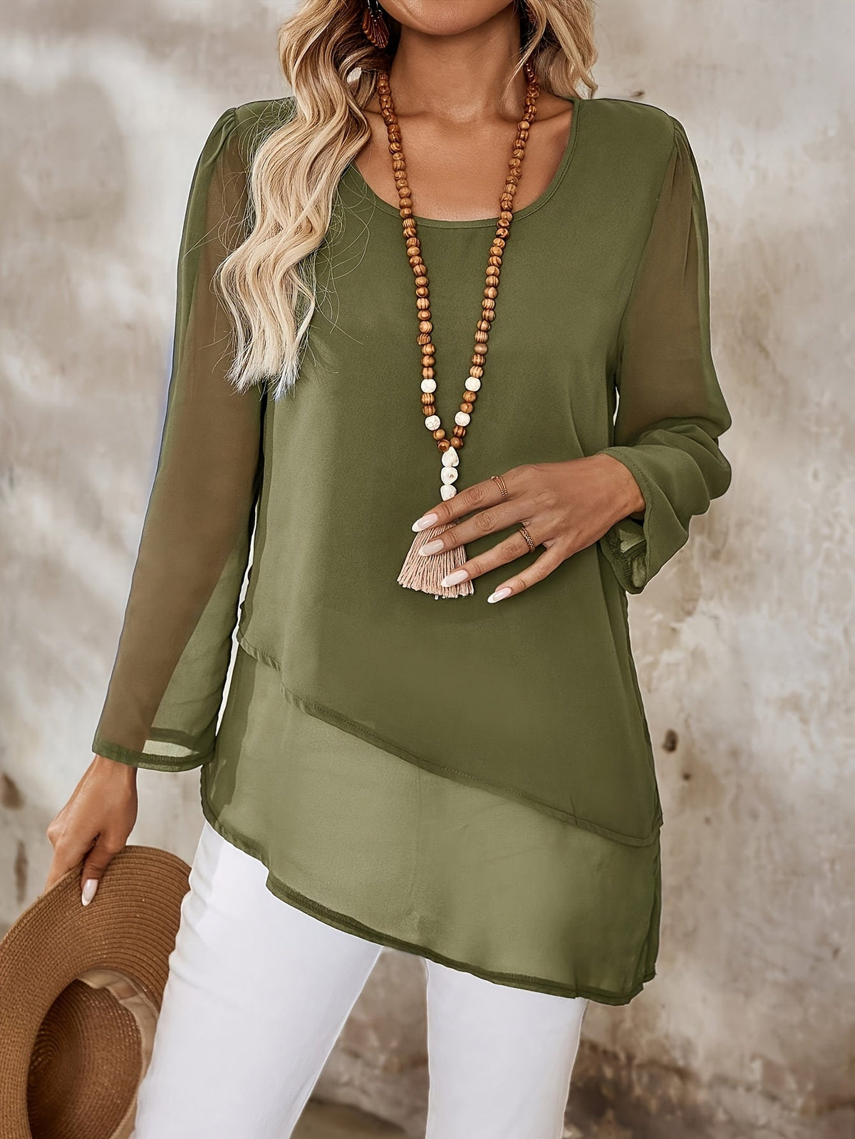 Kessoro women's layered sheer irregular-hem blouse in black and green - view 9 of 11