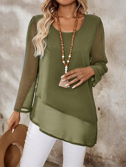 Kessoro women's layered sheer irregular-hem blouse in black and green - view 9 of 11
