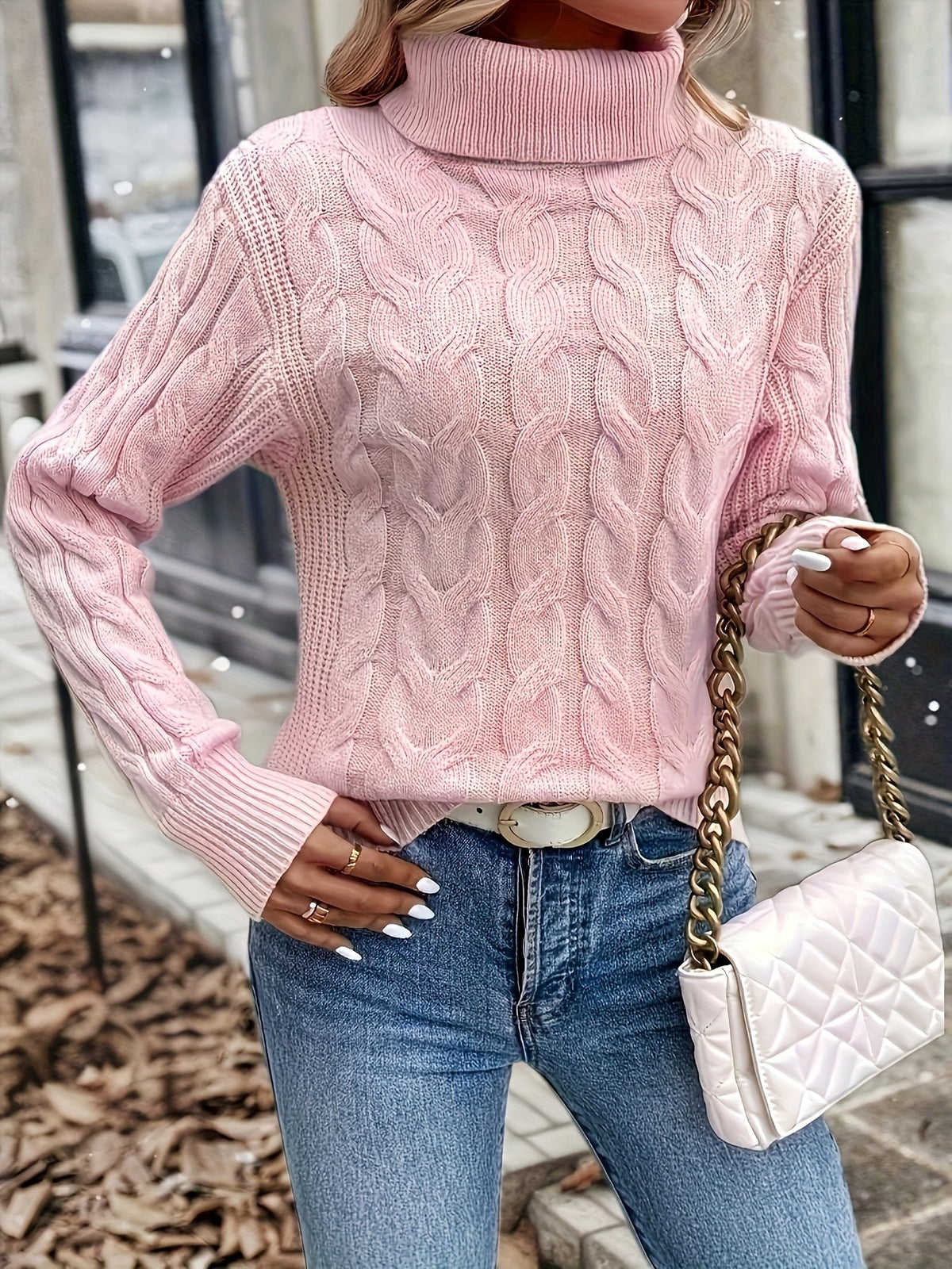 Kessoro women's cable-knit turtleneck sweater in red, black, grey, royal blue, violet, white and pink - product view 48