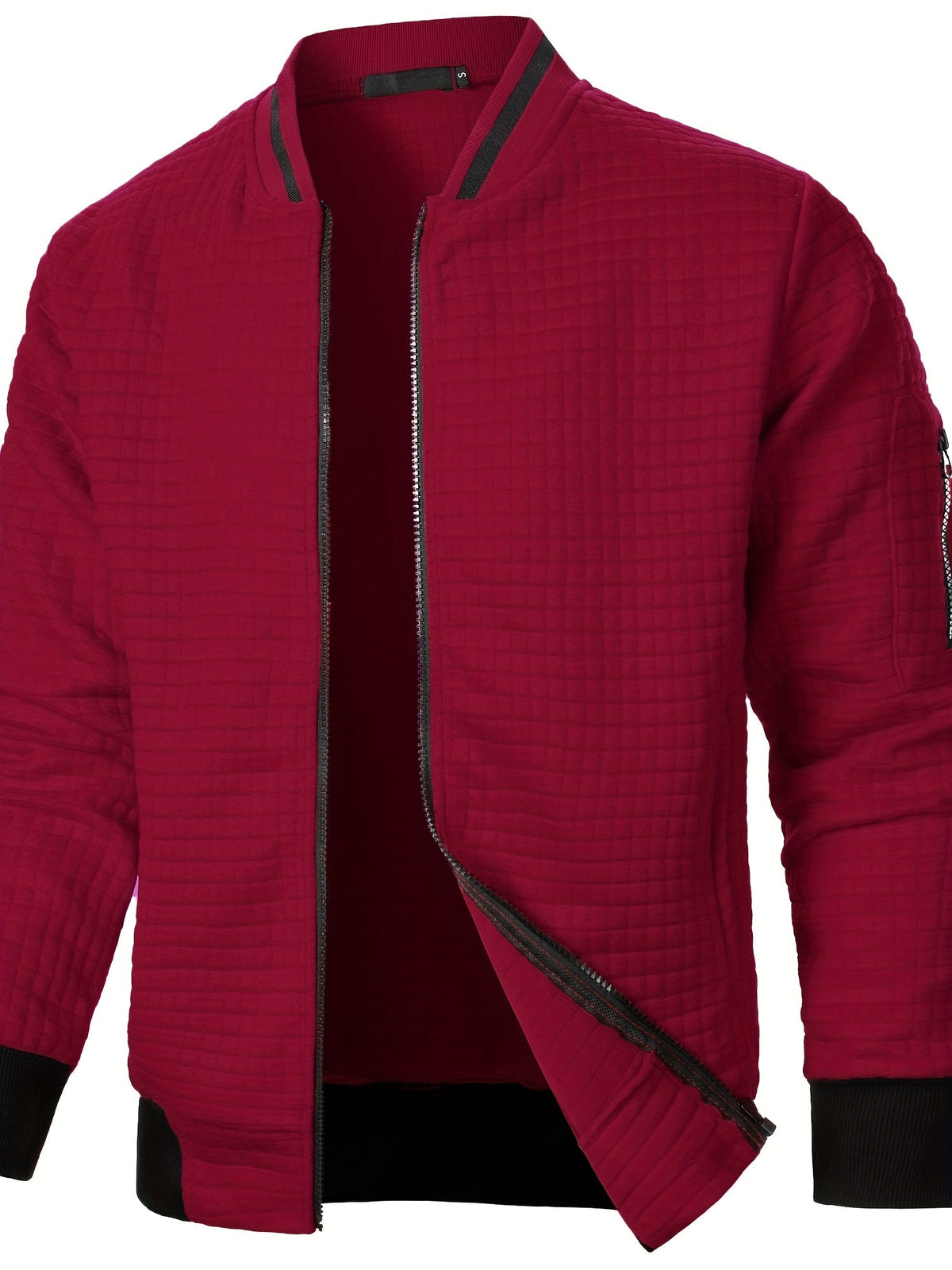 Men's textured stand-collar zip-up bomber jacket in khaki, black, dark gray, military green, navy and burgundy, front view 4