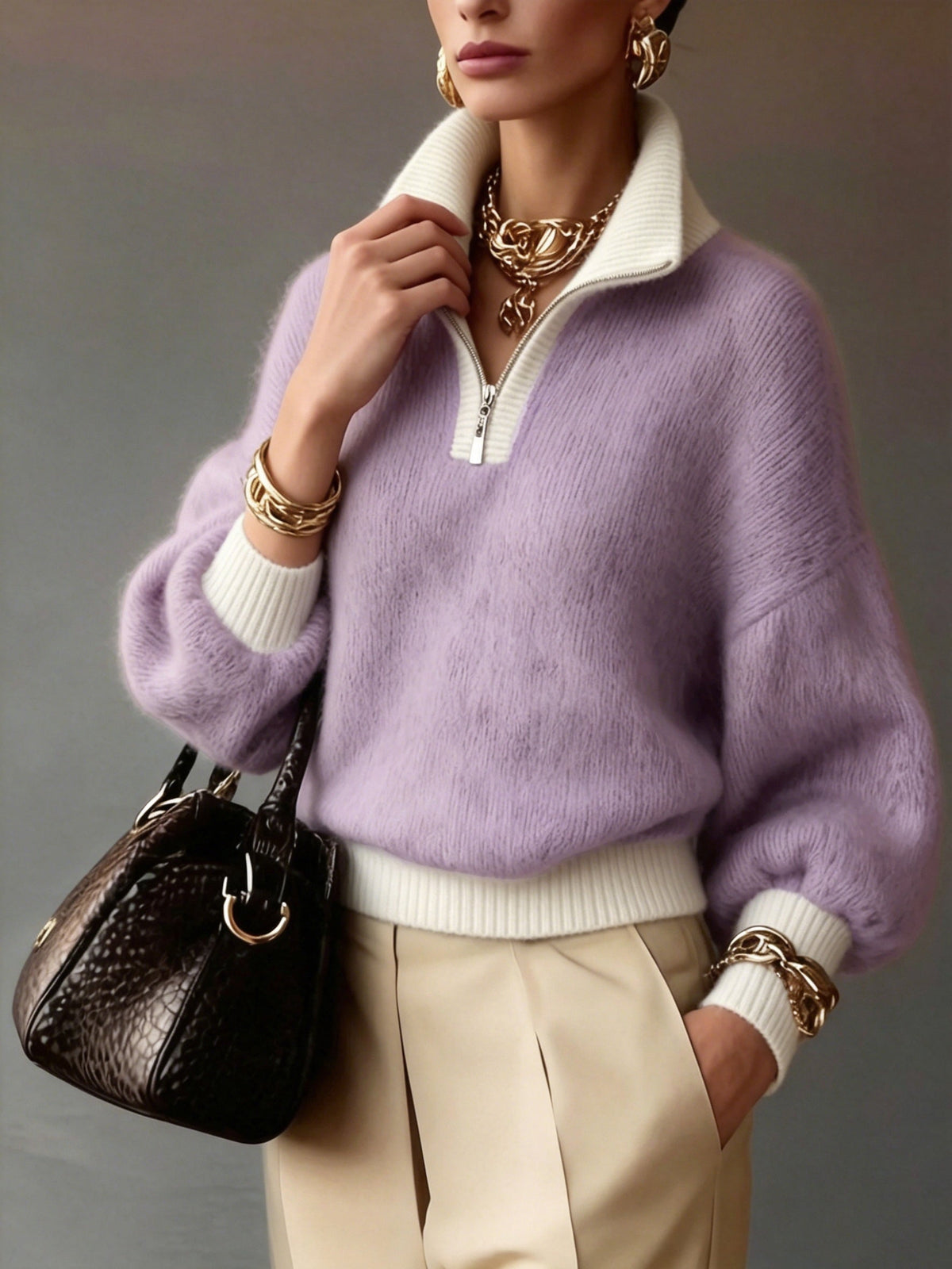 Women's relaxed half-zip ribbed sweater in khaki and lavender, colour option 1 back view