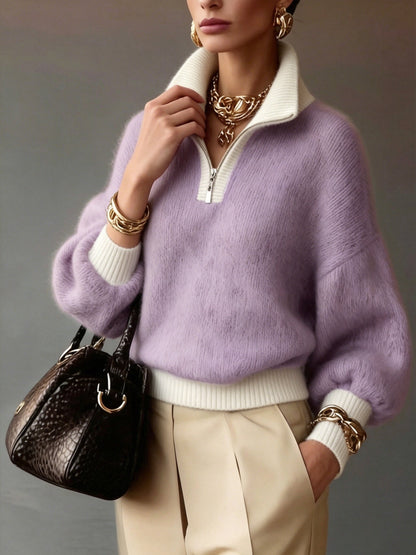 Women's relaxed half-zip ribbed sweater in khaki and lavender, colour option 1 back view