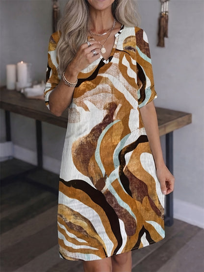 Women's artful print V-neck shift dress in a bright summer colourway
