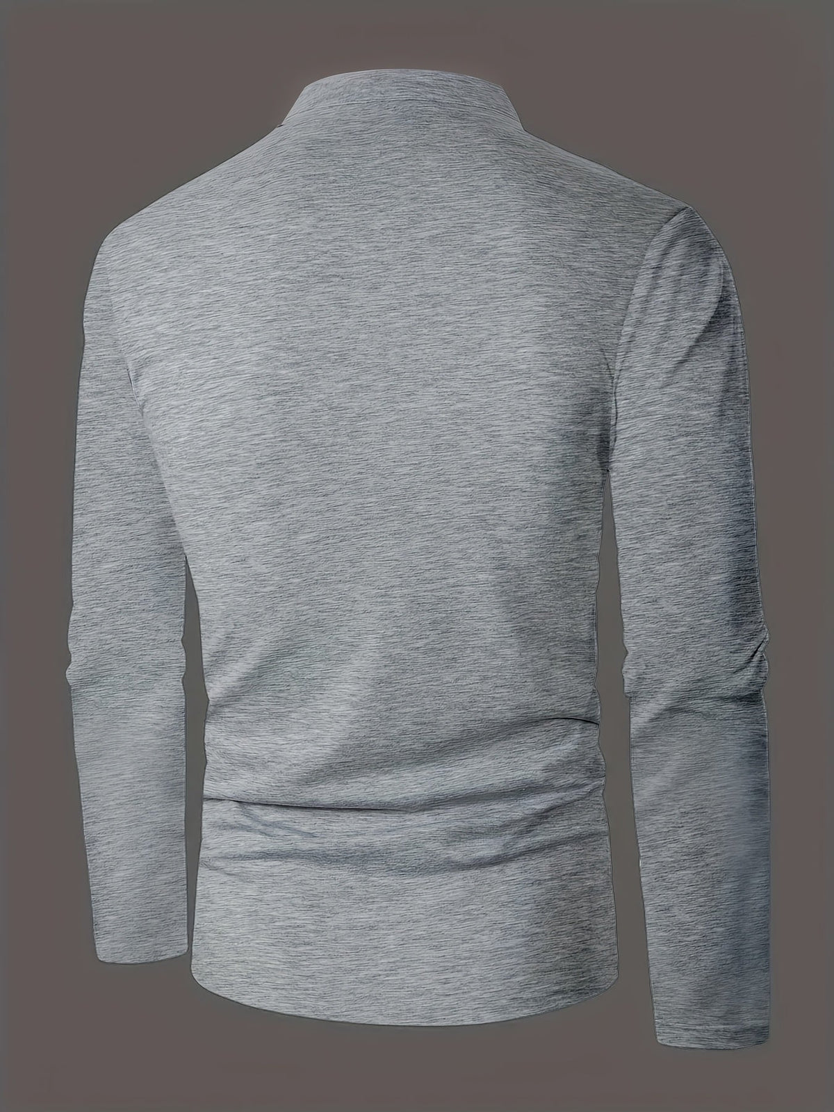 Men's refined long-sleeve button-placket henley shirt in granny gray, matcha green and navy, detail view