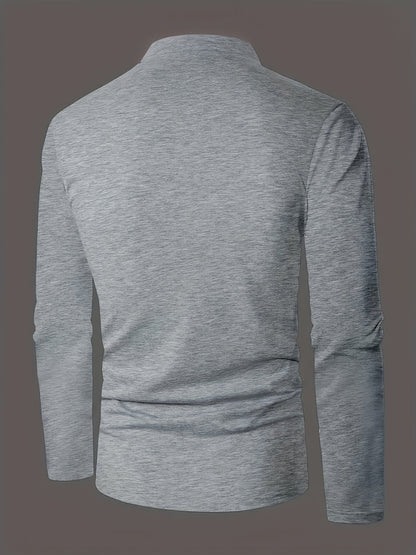 Men's refined long-sleeve button-placket henley shirt in granny gray, matcha green and navy, detail view