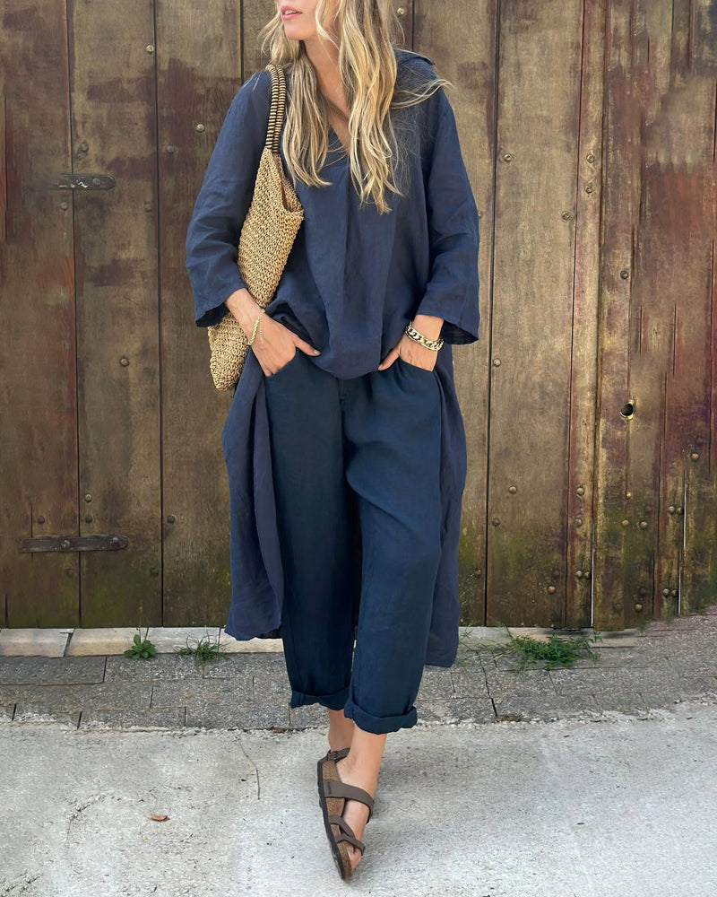 Kessoro women's loose v-neck two-piece set in navy blue, sky blue, white and orange